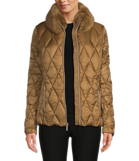 michael michael kors faux-fur-collar belted down packable puffer coat|Michael Kors shiny puffer jacket.